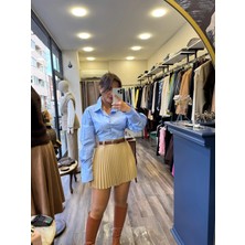 Kemerli Içi Şortlu Mini Etek - Bej