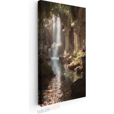 Tablonhazır Dikey Panaromik Kanvas Tablo Modern Duvar Tablosu Şelale ve Tapınak Girişi Yeni Ev Hediyesi