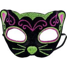 İrgit Store Siyah Kadife Kaplama Üzeri Pembe Yeşil Sim Işlemeli Kedi Maskesi 20X13 cm