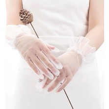 İrgit Store Kısa Boy Likralı Güpürlü Yetişkin Tül Eldiven Beyaz Renk