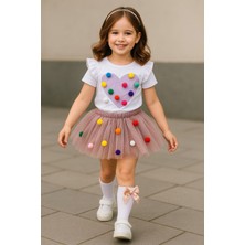 Savorzy Ponponlu Tshirt Tütü Etek Takım