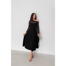 Neşeli Butik Kadın Siyah Transparan Detaylı Tek Omuz Uzun Kollu Midi Boy Elbise