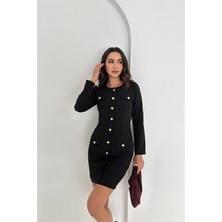Neşeli Butik Kadın Gold Düğme Detaylı Uzun Kollu Mini Elbise NBK4388