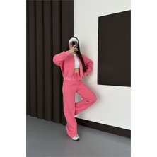 Neşeli Butik Kadın Pembe Fermuarlı 3 Iplik Eşofman Takımı NBESF01