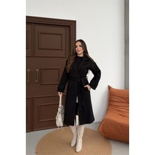 Neşeli Butik Kadın Siyah Kuşaklı Reglan Kol Düğmeli Premium Kaşe Kaban NBKBN01