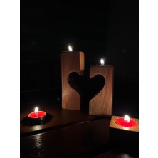 Doğal Ahşap Kalp 2 Li Şamdan Mumluk 18-12 cm Modern Tasarım