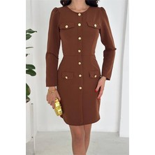 Neşeli Butik Kadın Gold Düğme Detaylı Uzun Kollu Mini Elbise NBK4388