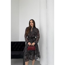 Neşeli Butik Kadın Siyah Dik Yaka Bağlama Detaylı Şifon Kumaş Uzun Kol Midi Elbise NBELB01