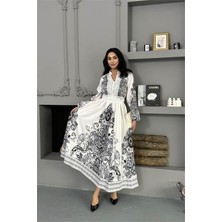 Neşeli Butik Kadın Siyah Güpür Detaylı Atlas Kumaş Desenli Ithal Elbise NBMS25109