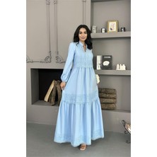 Neşeli Butik Kadın Bebe Mavi Atlas Kumaş Dantel Detaylı Elbise NBMS2517