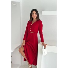 Neşeli Butik Kadın Kırmızı V Yaka Düğme Detaylı Bel Dekolteli Midi Boy Elbise NBK4368
