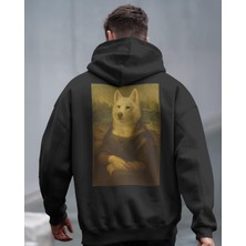 Muhtar Store Mona Lisa Köpek Tasarımlı Siyah Unisex Kapüşonlu Sweatshirt – Sanatsal & Retro Hoodie