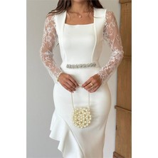 Neşeli Butik Kadın Dantel Detaylı Taş Kemerli Asimetrik Abiye Elbise NBNC2603