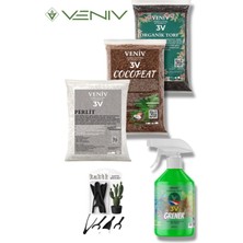 Veniv Organik Bitki Bakım Seti Dikim Seti Hediye-Torf 2l-Cocopeat 2l-Perlit 2l Greener 500 ml Besin