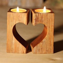 Doğal Ahşap Kalp 2 Li Şamdan Mumluk 12 cm Modern Kalp Tasarımı - 1