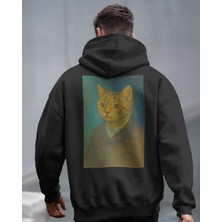 Muhtar Store Van Gogh Kedi Tasarımlı Siyah Unisex Kapüşonlu Sweatshirt – Sanatsal & Retro Hoodie