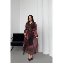 Neşeli Butik Kadın Bordo Beli Kemerli Piliseli Kruvaze Yaka Şifon Elbise NBELB03