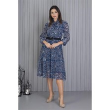 Neşeli Butik Kadın Indigo Kemerli Omuzları Gipeli Desenli Şifon Elbise APCX04