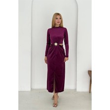 Neşeli Butik Kadın Bel Detaylı Gol Tokalı Tam Boy Kadife Elbise NBK4392