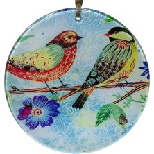 Mixperi Hediyelik Renkli Cam Dekor - 16 cm Iki Kuş ve Çiçek Figürlü Askılı Cam Obje