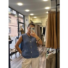 Gold Düğme Detay Cepli Indigo Yelek - Antrasit