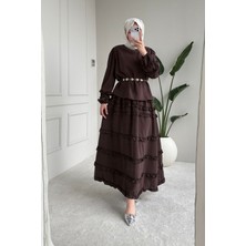 Tesettür Diyarı Rufel Tansel Kumaş Fırfırlı Tesettür Takım- Acı Kahve