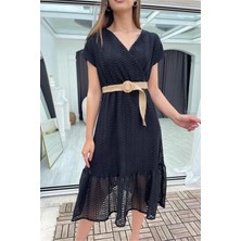Neşeli Butik Kadın Siyah Hasır Kemerli Dantel Elbise DK0001