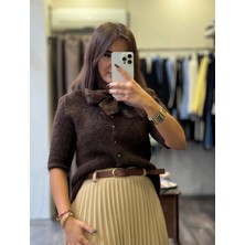 Dokuma Kumaş Boynu Fiyonklu Önden Düğmeli Kadın Hırka Kahverengi