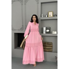 Neşeli Butik Kadın Pembe Atlas Kumaş Dantel Detaylı Elbise NBMS2517