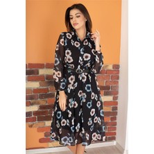 Neşeli Butik Kadın Siyah Kemerli Gömlek Yaka Şifon Elbise RY0031