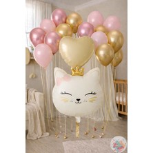 Joyane Kedi Kafa Folyo Balon Seti Krem – Gold Metalik & Makaron Pembe Balonlar