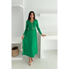 Neşeli Butik Kadın Yeşil V Yaka Düğme Detaylı Bel Dekolteli Midi Boy Elbise NBK4368