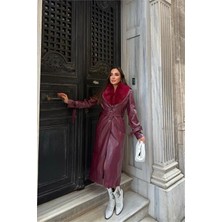 Neşeli Butik Kadın Yaka Çıkarılabilir Kürk Detaylı Düğmeli Deri Trençkot NBSTR1001