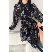 Neşeli Butik Kadın Astarlı Eteği Kat Kat Desenli Şifon Elbise NBKKLF2036