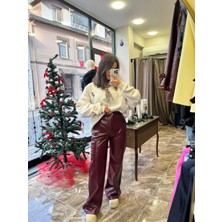 Kroko Desenli Kemerli Deri Kadın Pantolon - Mürdüm