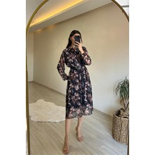 Neşeli Butik Kadın Desenli Gömlek Yaka Midi Elbise NM011