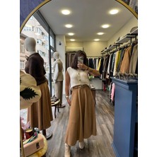 Süet Kumaş Kendinden Kemerli Kadın Uzun Etek - Taba