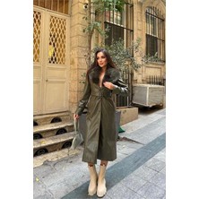 Neşeli Butik Kadın Yaka Çıkarılabilir Kürk Detaylı Düğmeli Deri Trençkot NBSTR1001