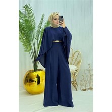 Neşeli Butik Kadın Pelerinli Kemer Detaylı Lacivert Tesettür Tulum %100 Polyester Rahat Kesim
