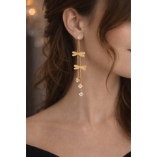 Mihres Libellula Işıltı Küpe Şık Kelebek Yusufçuk Desenli Gold Desenli Şık Küpe Düğün Abiye Günlük Küpe