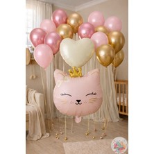 Joyane Kedi Kafa Pembe Folyo Balon Seti – Bej Kalp & Gold Makaron Pembe Balonlar