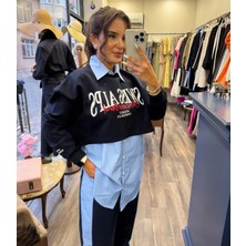 Çizgili Gömlek Garnili Yazı Baskılı Oversize Sweatshirt Mavi