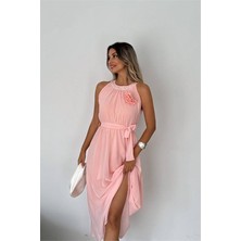 Neşeli Butik Kadın Gül Broş Detaylı Uzun Şifon Elbise NBK2144