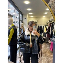 Yakası ve Içi Peluş Deri Ceket - Siyah