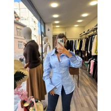 Bel Bağlama Detaylı Viskon Pamuk Kadın Gömlek - Açık Mavi