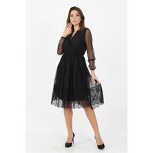 Neşeli Butik Kadın Tül Kruvaze Yaka Eteği Dantel Detaylı Yeni Sezon Elbise APCX39