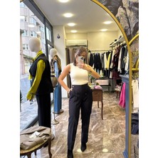 Gold Düğme Detay Beli Lastikli Kumaş Havuç Pantolon - Siyah