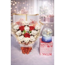 PremiumPort Işıklı Ayıcıklı Hediye Buketi ve Orta Boy Kar Küresi Seti