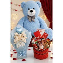 Sole 3’lü Sevgililer Günü Hediye Seti | 90 cm Peluş Ayı, Love Çikolata Sepeti & Mavi Peluş Ayıcık Buketi