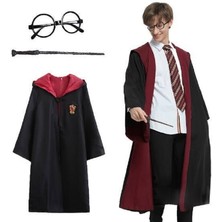 Nuveden Harry Potter Gryffindor Kapişonlu Çocuk Kostüm + Asa + Gözlük Seti 7-8 Yaş DIE-RSTG34